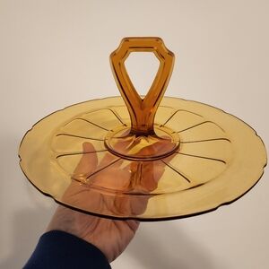 Diamond Glass Company Amber Glass Handled Sandwich Tray